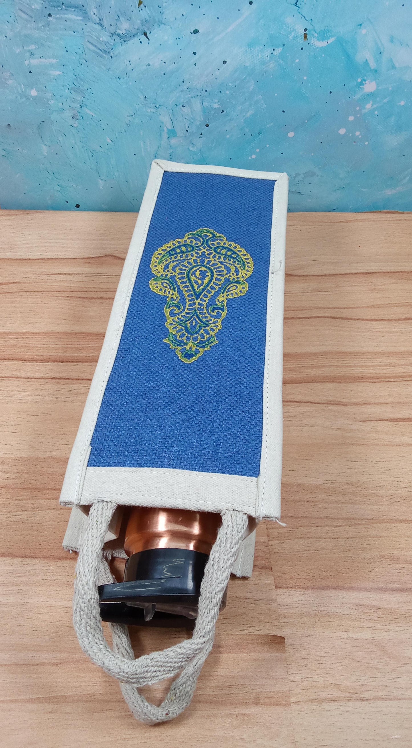 Handcrafted Blue Paisley Jute Bottle Cover
