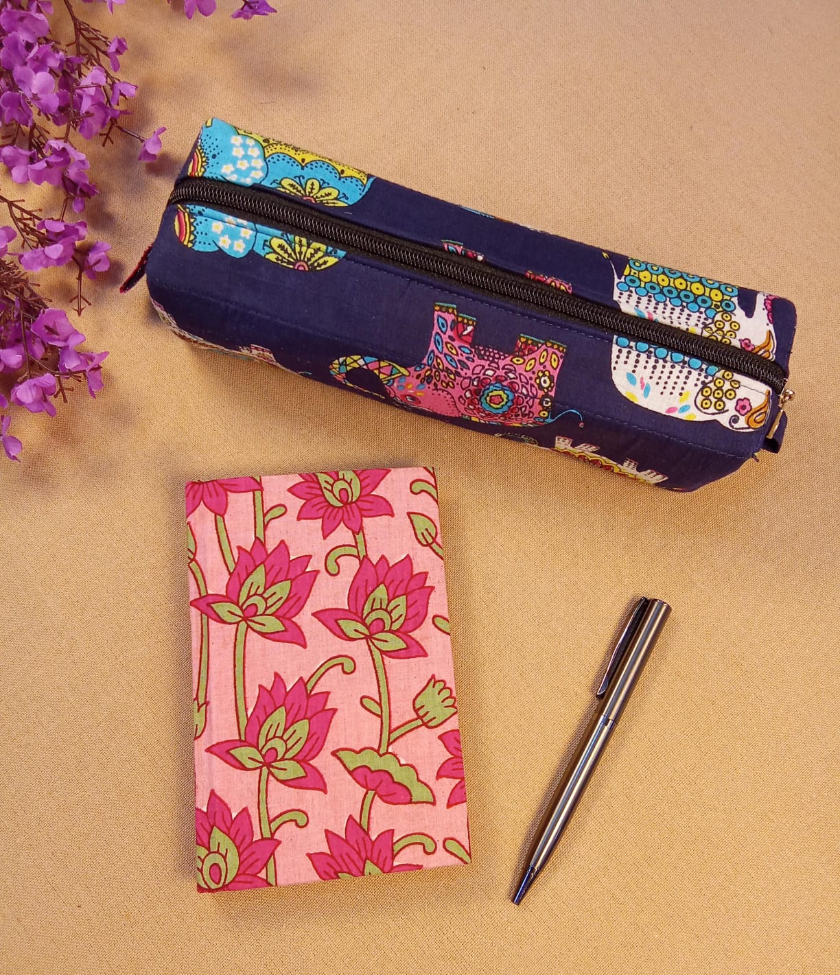 Lotus Print Diary & Vibrant Print Pencil Pouch Desk Calm Set