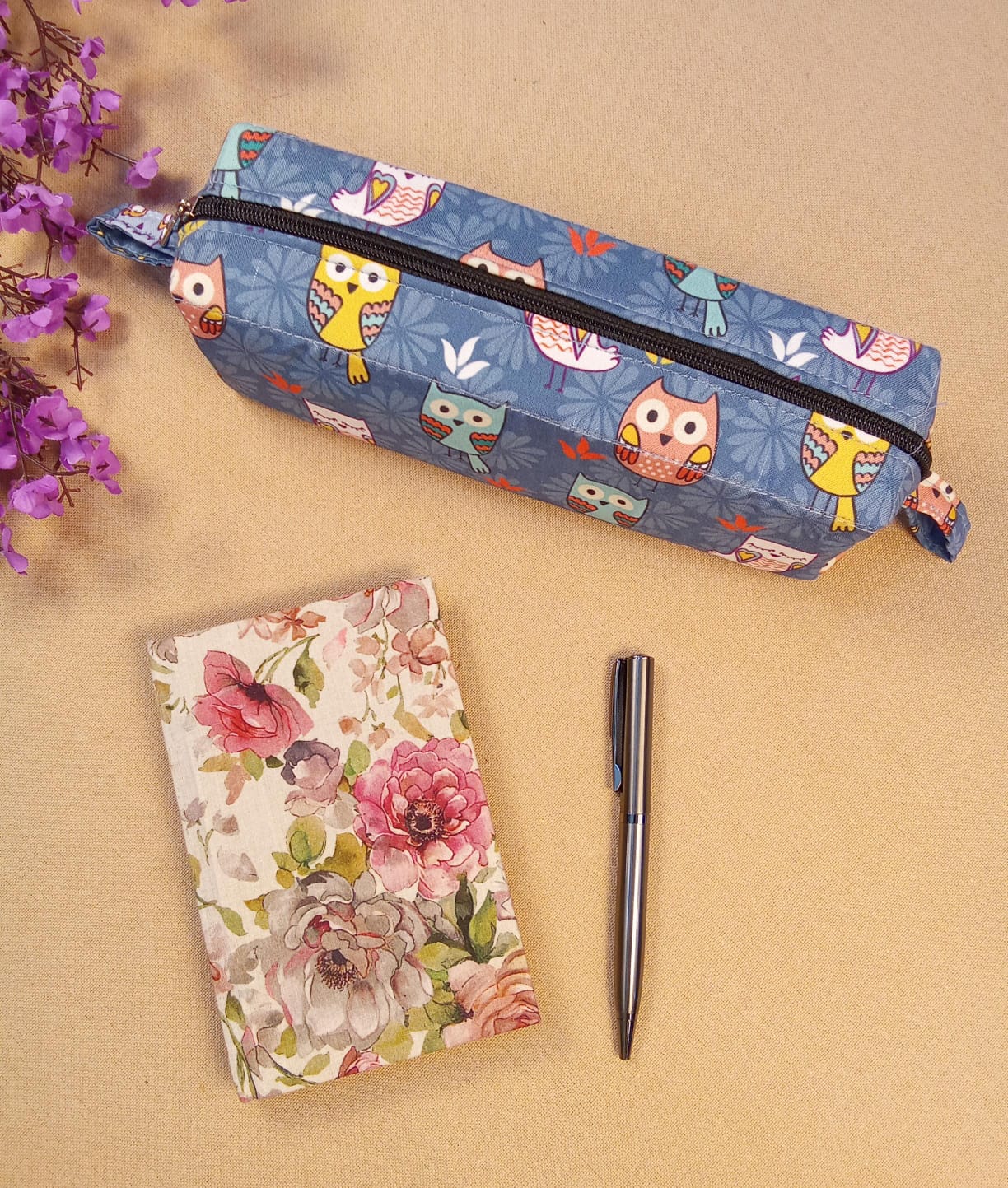 Floral Print Cream Diary & Owl Pencil Pouch Desk Calm Set