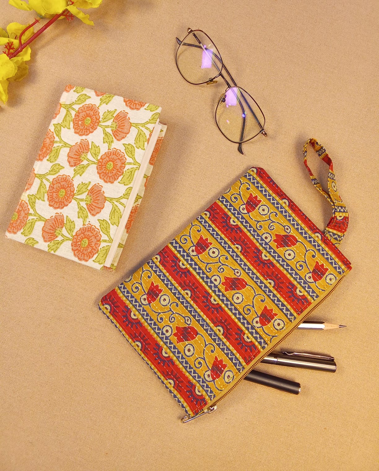 Kalamkari Diary & Printed Pencil Pouch Desk Calm Set