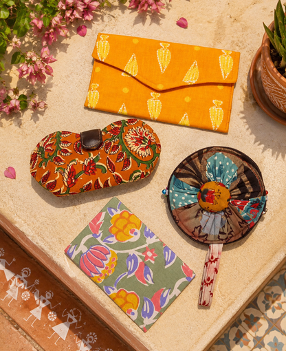 Set of Green Printed Diary, Mustard Printed Clutch, Floral Eyewear Case & Floral Coin Pouch - Work & Wonder