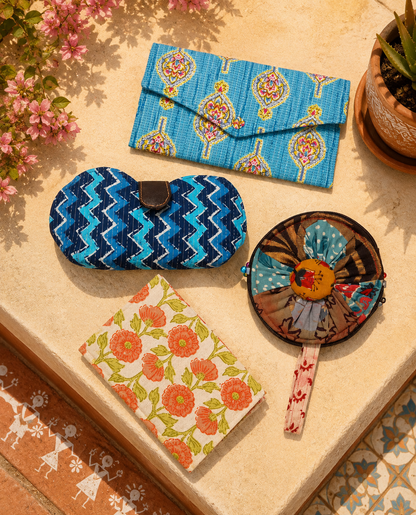 Set of Blue Block Print Clutch, Blue Chevron Eyewear Case, Floral Coin Pouch & Floral Print Diary - Work & Wonder