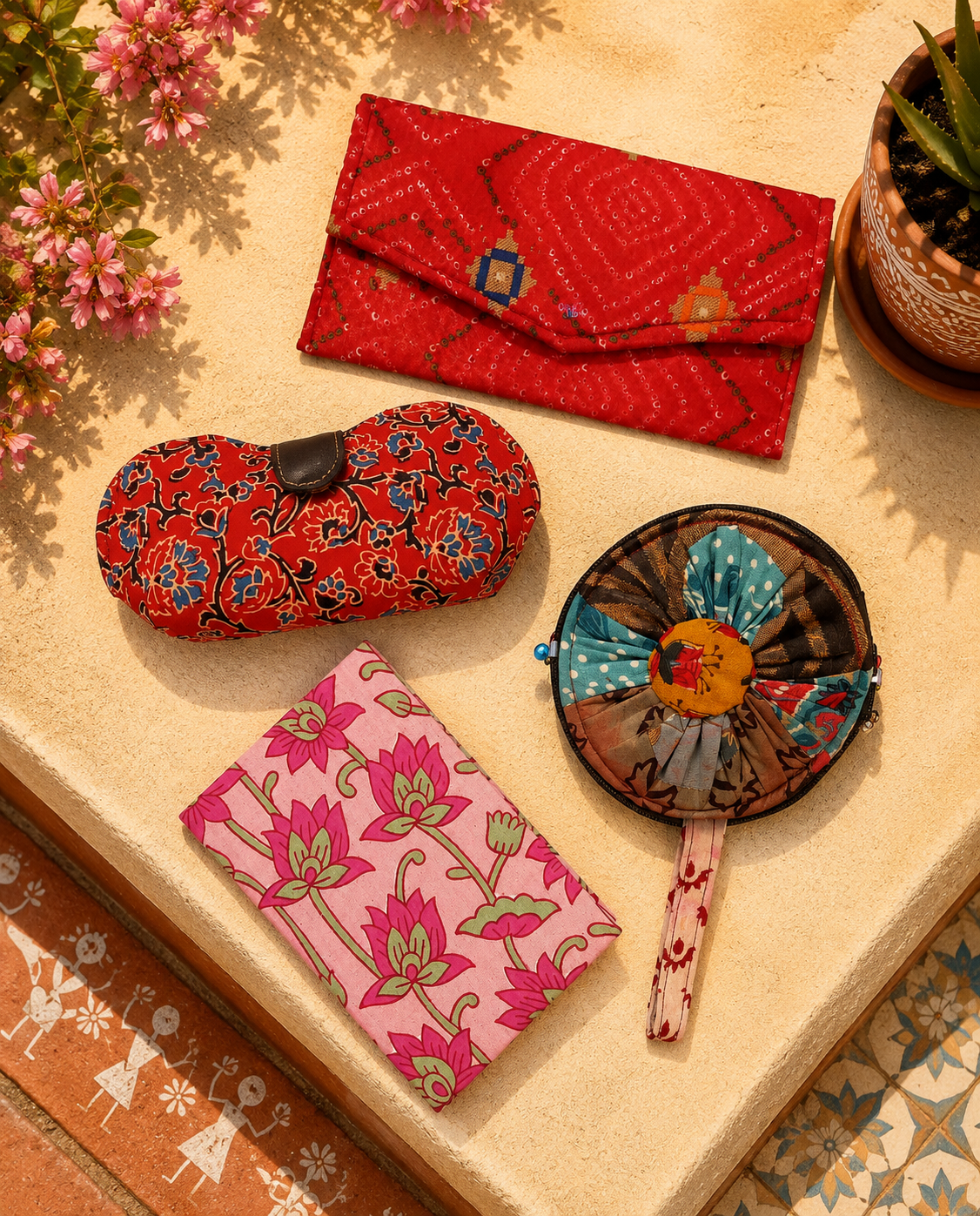 Set of Red Printed Diary, Red Floral Eyewear Case, Red Bandhani Clutch & Patchwork Coin Pouch - Work & Wonder