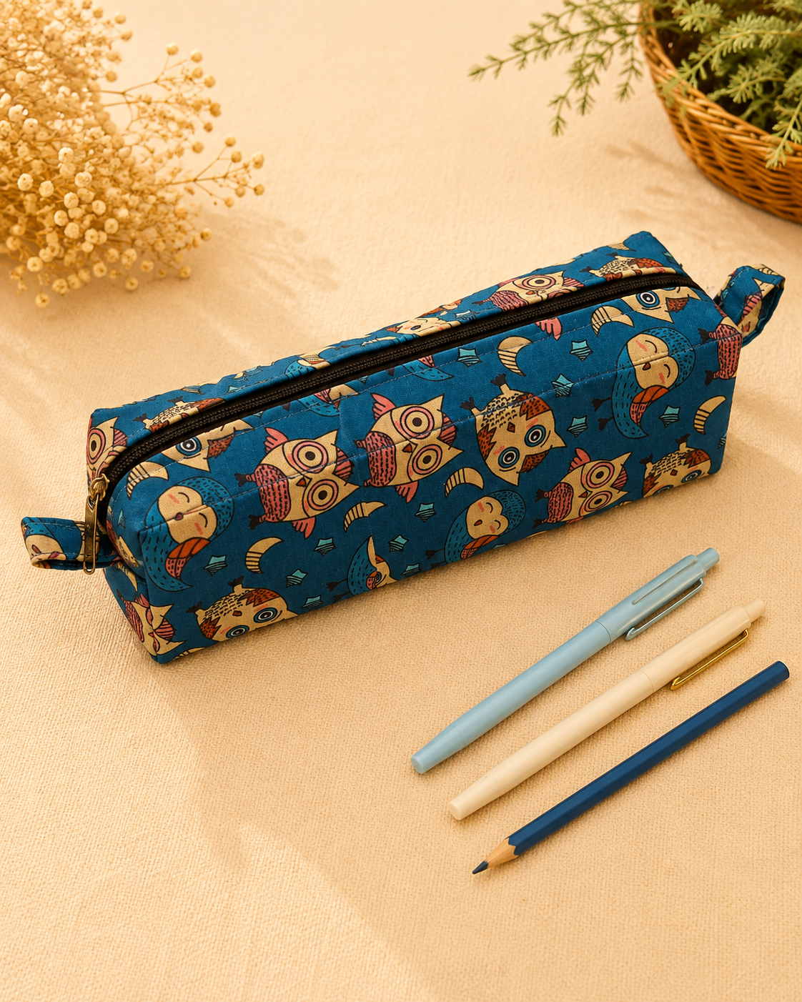 Handcrafted Blue Owl Print Pencil Box