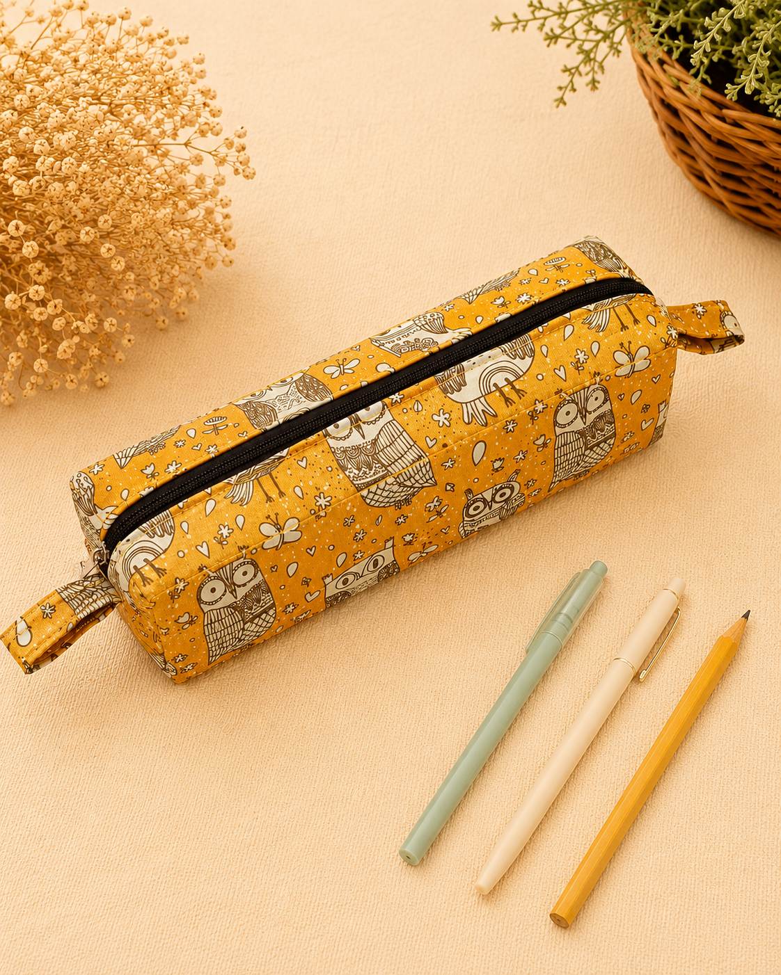 Handcrafted Owl Print Mustard Pencil Box
