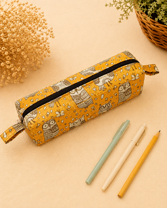 Handcrafted Owl Print Mustard Pencil Box