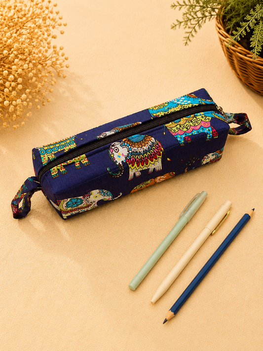 Handcrafted Elephant Print Navy Pencil Box