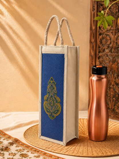 Handcrafted Blue Paisley Jute Bottle Cover
