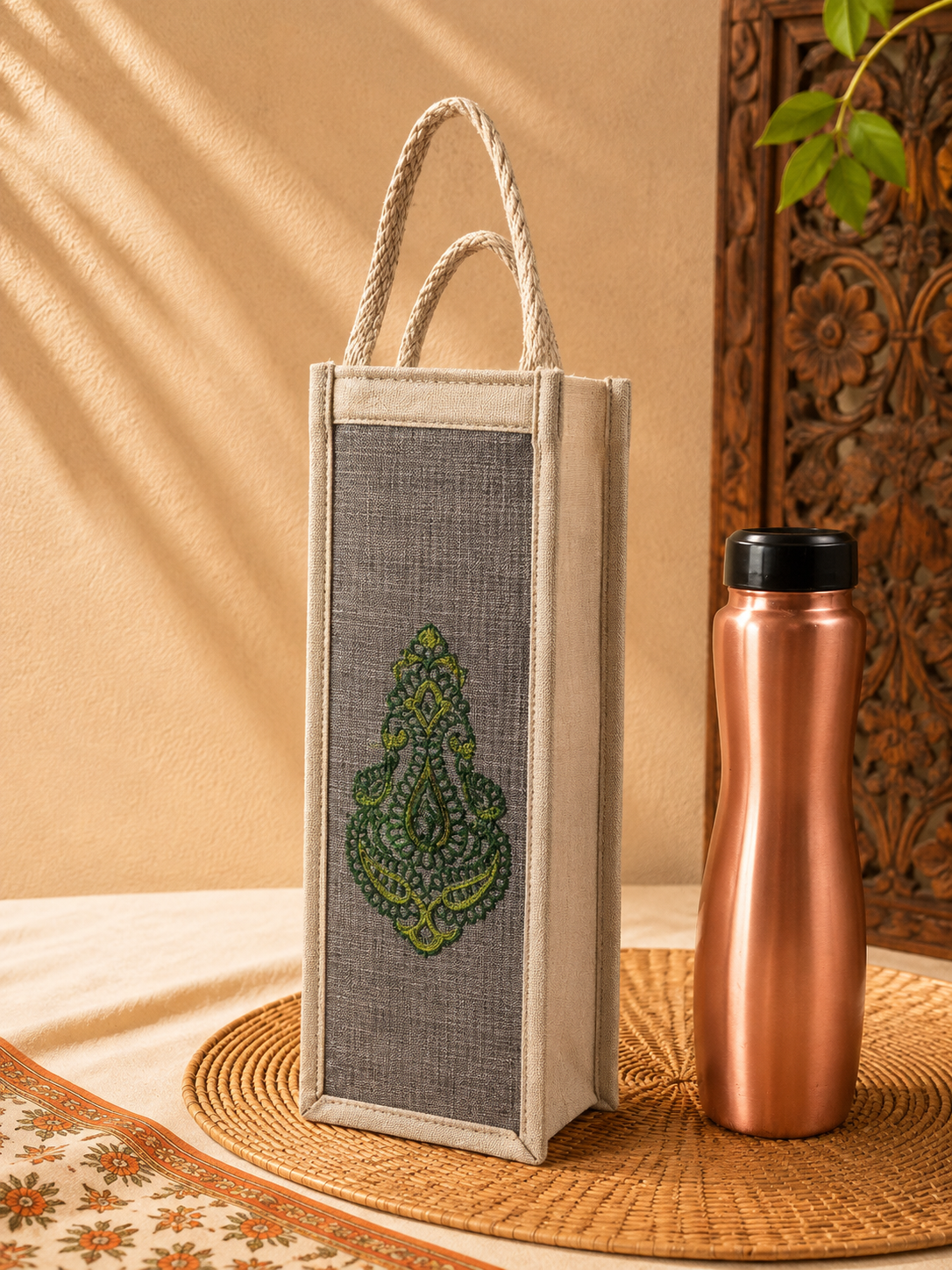 Handcrafted Green Paisley Jute Bottle Cover