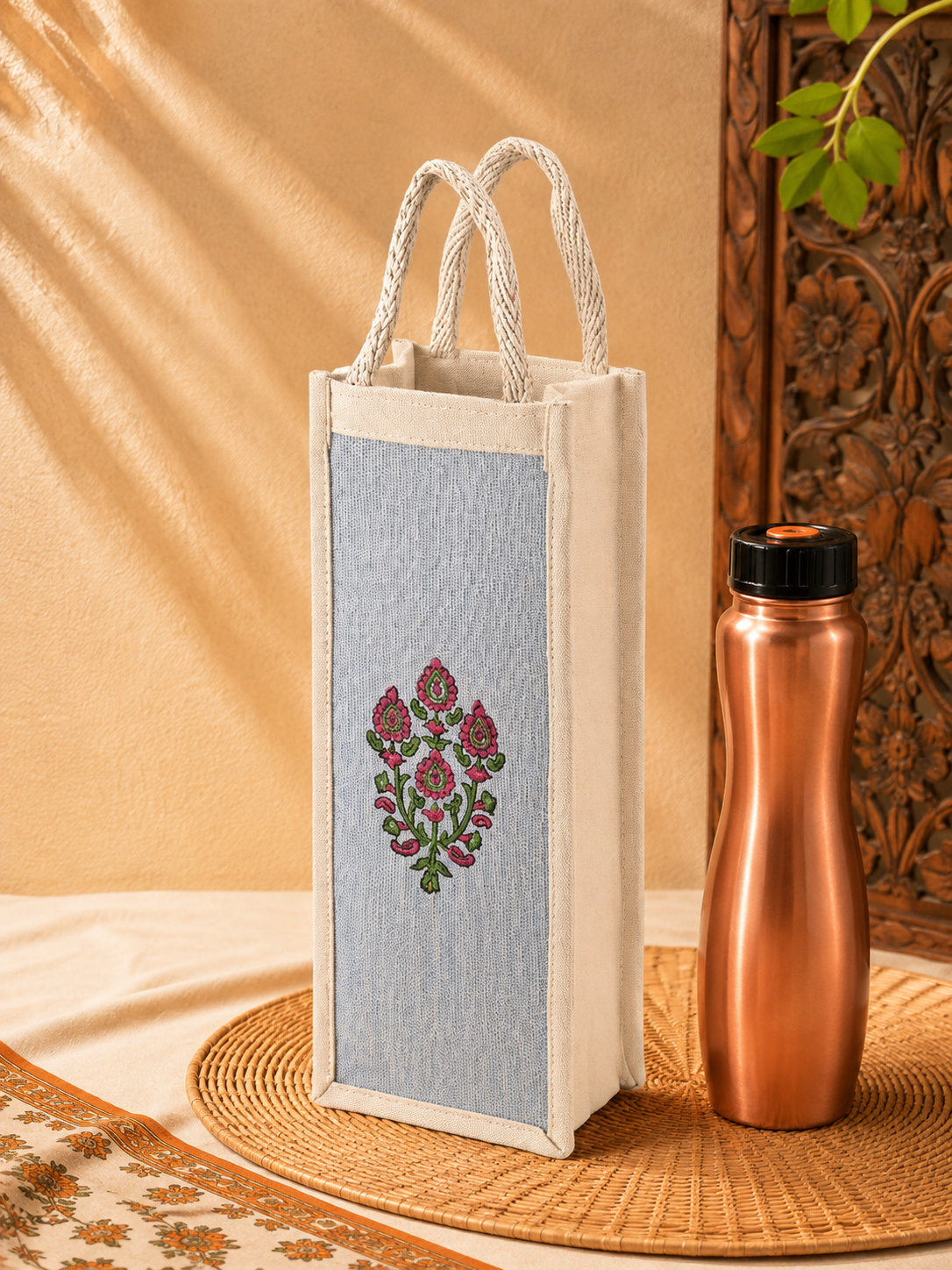 Handcrafted Pink Bloom Jute Bottle Cover