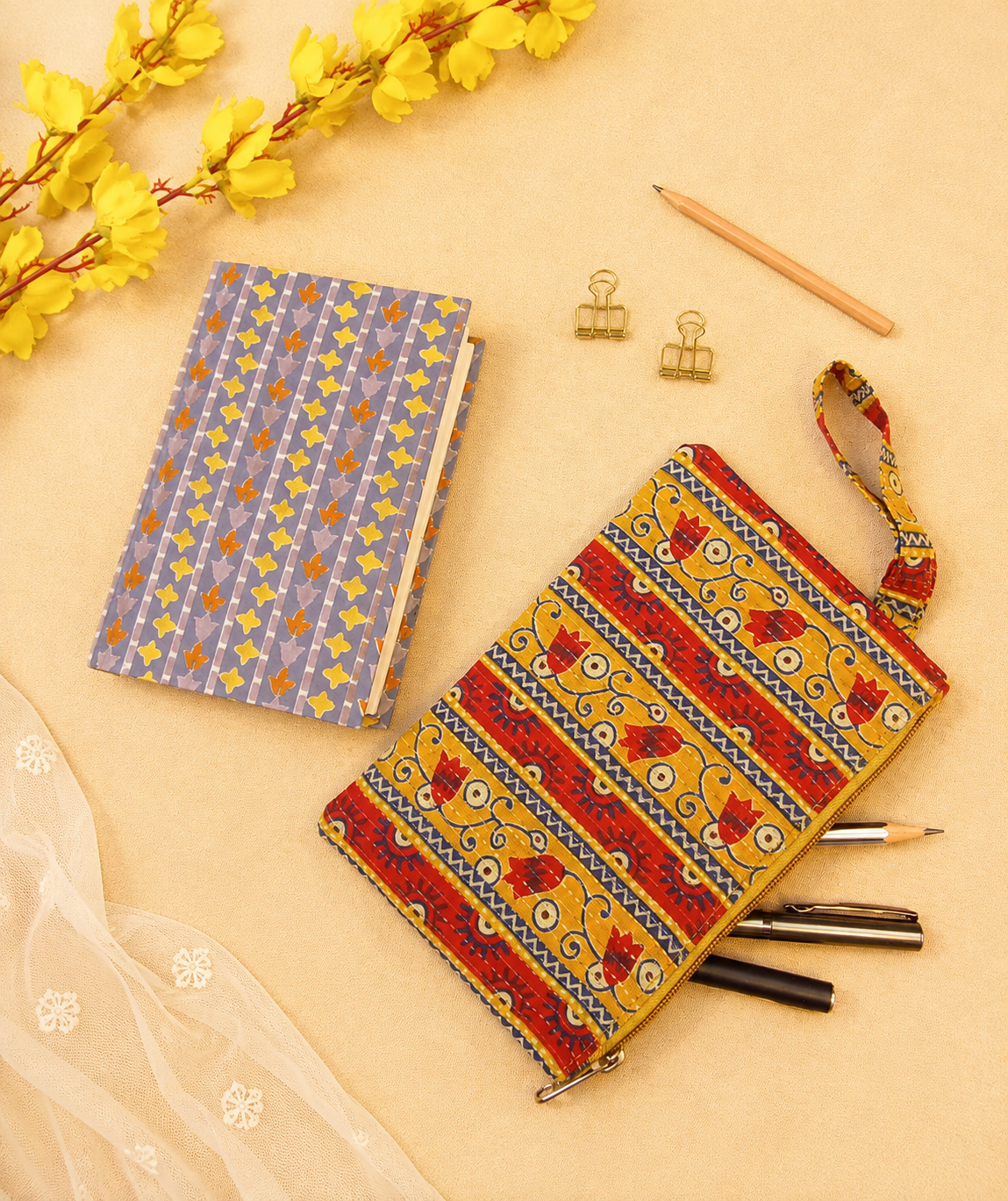 Floral Stripe Diary & Printed Pencil Pouch Desk Calm Set