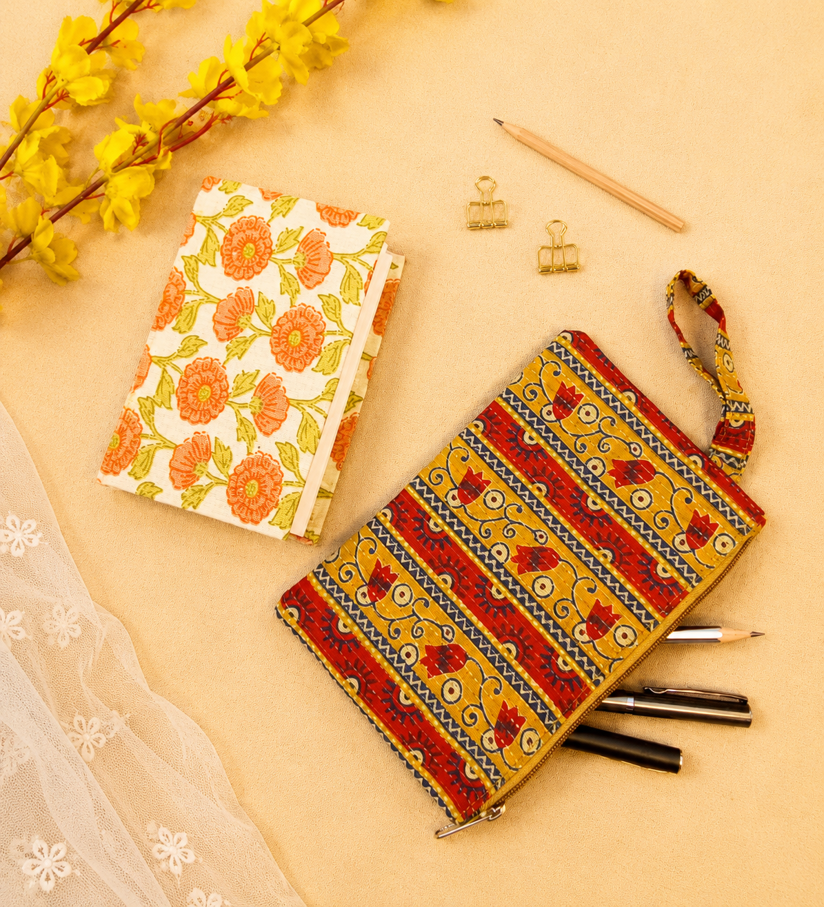 Kalamkari Diary & Printed Pencil Pouch Desk Calm Set