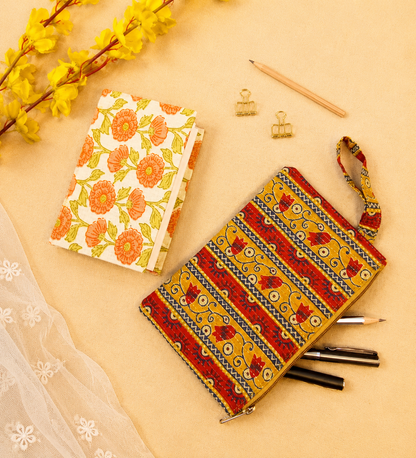 Kalamkari Diary & Printed Pencil Pouch Desk Calm Set