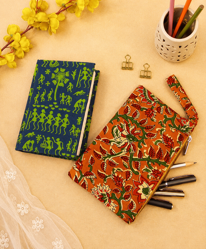 Warli Print Diary & Kalamkari Print Pencil Pouch Desk Calm Set