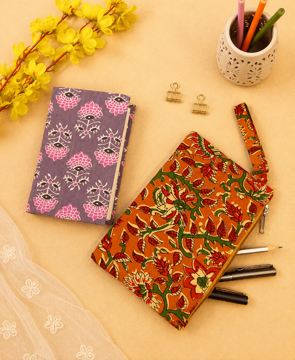 Lotus Bloom Diary & Kalamkari Print Pencil Pouch Desk Calm Set