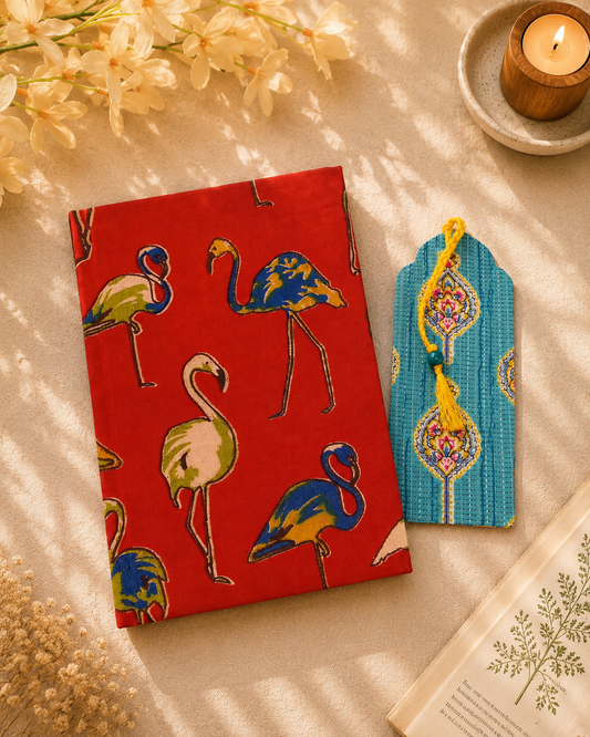 Flamingo Print Diary & Blue Motif Bookmark Desk Calm Set