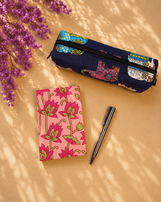 Lotus Print Diary & Vibrant Print Pencil Pouch Desk Calm Set
