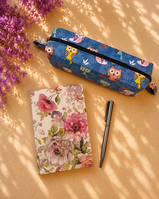 Floral Print Cream Diary & Owl Pencil Pouch Desk Calm Set