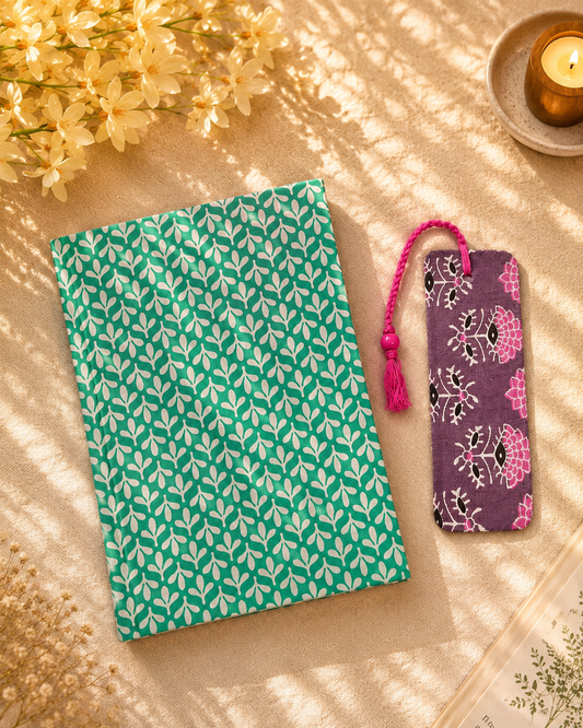Green Leaf Print Diary & Mauve Floral Bookmark Desk Calm Set