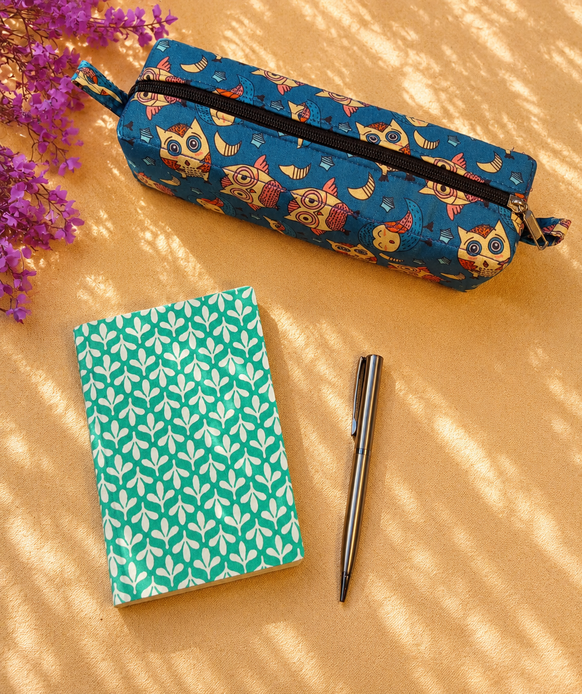 Green Leaf Print Diary & Owl Pencil Pouch Desk Calm Set