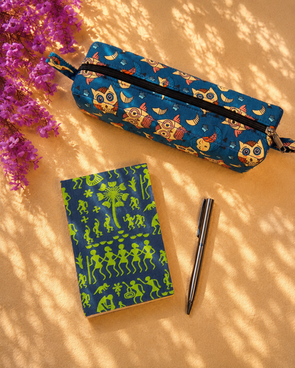 Warli Print Diary & Owl Pencil Pouch Desk Calm Set