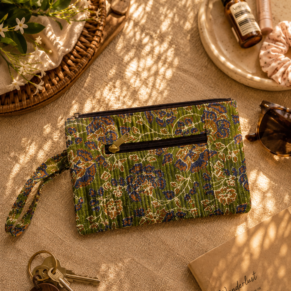Green Kalamkari Print Cotton Multi-Utility Pouch