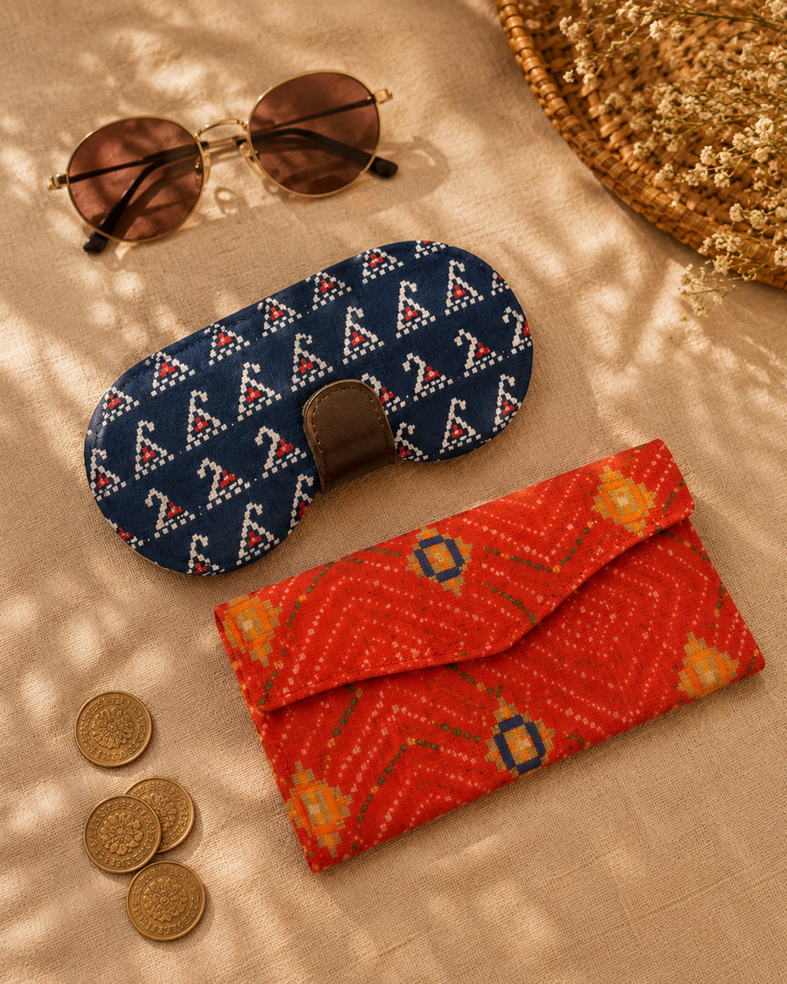 Blue Motif Sunglass Case & Block Print Clutch Set