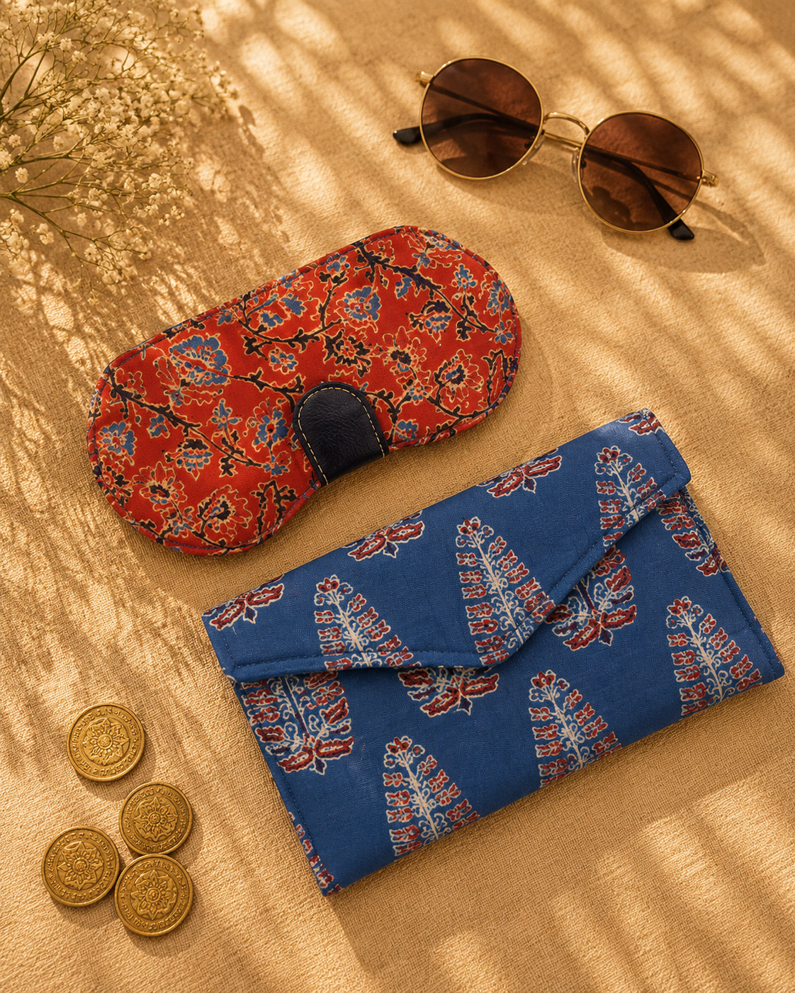 Kalamkari Print Sunglass Case & Geometric Block Print Clutch Set