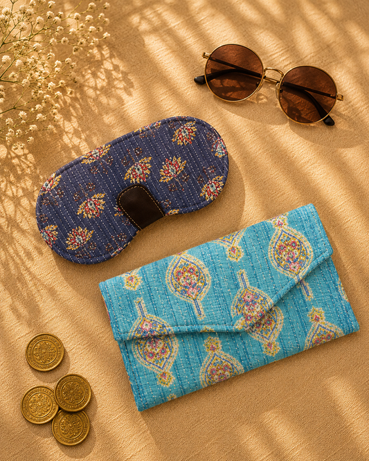 Kantha Block Print Sunglass Case & Blue Block Print Clutch Set