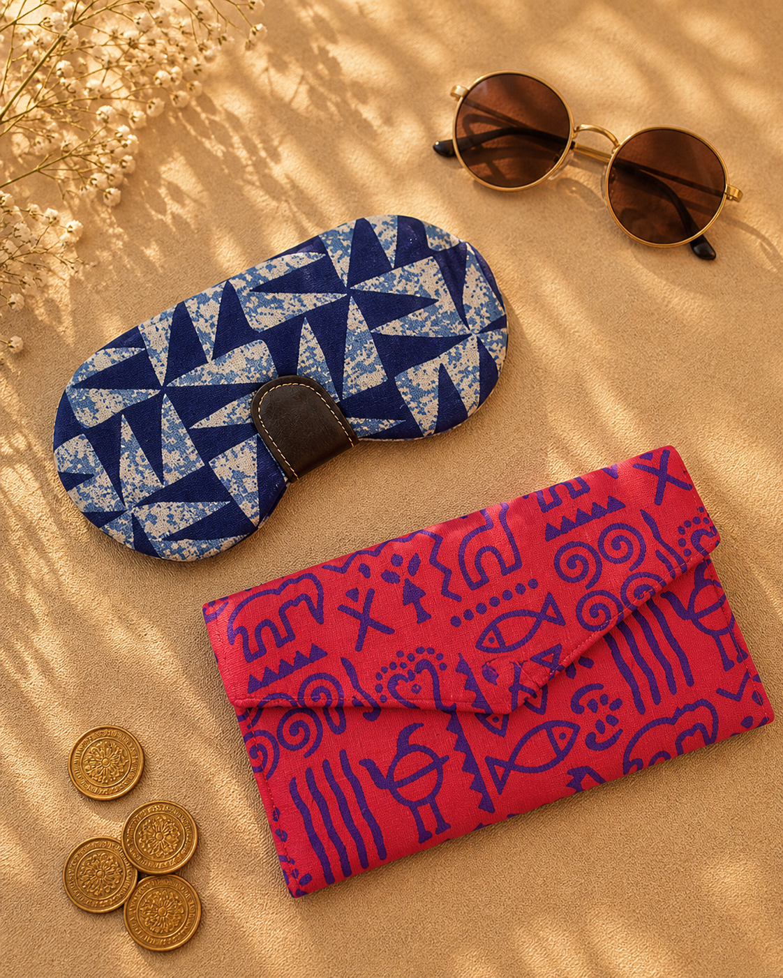 Indigo Abstract Block Print Sunglass Case & Warli Print Clutch Set