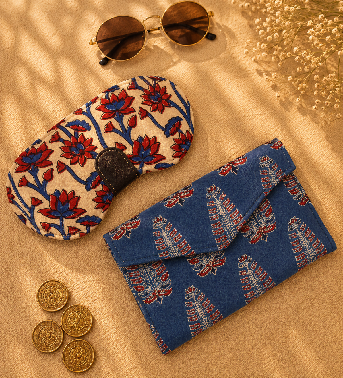 Sangneri Print Sunglass Case & Geometric Block Print Clutch Set