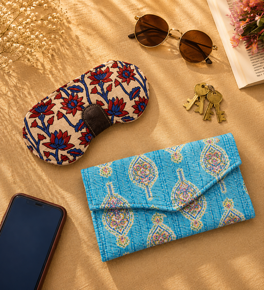Sangneri Print Sunglass Case & Blue Block Print Clutch Set