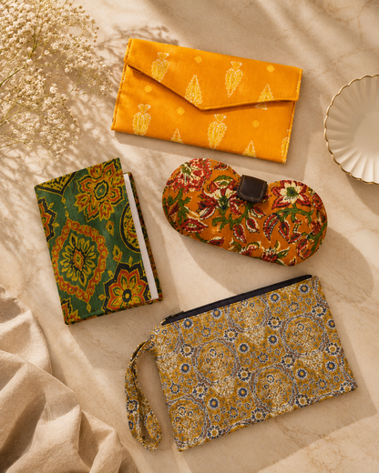 Set of Kalamkari Diary, Mustard Clutch, Floral Sunglass Case & Everyday Pouch