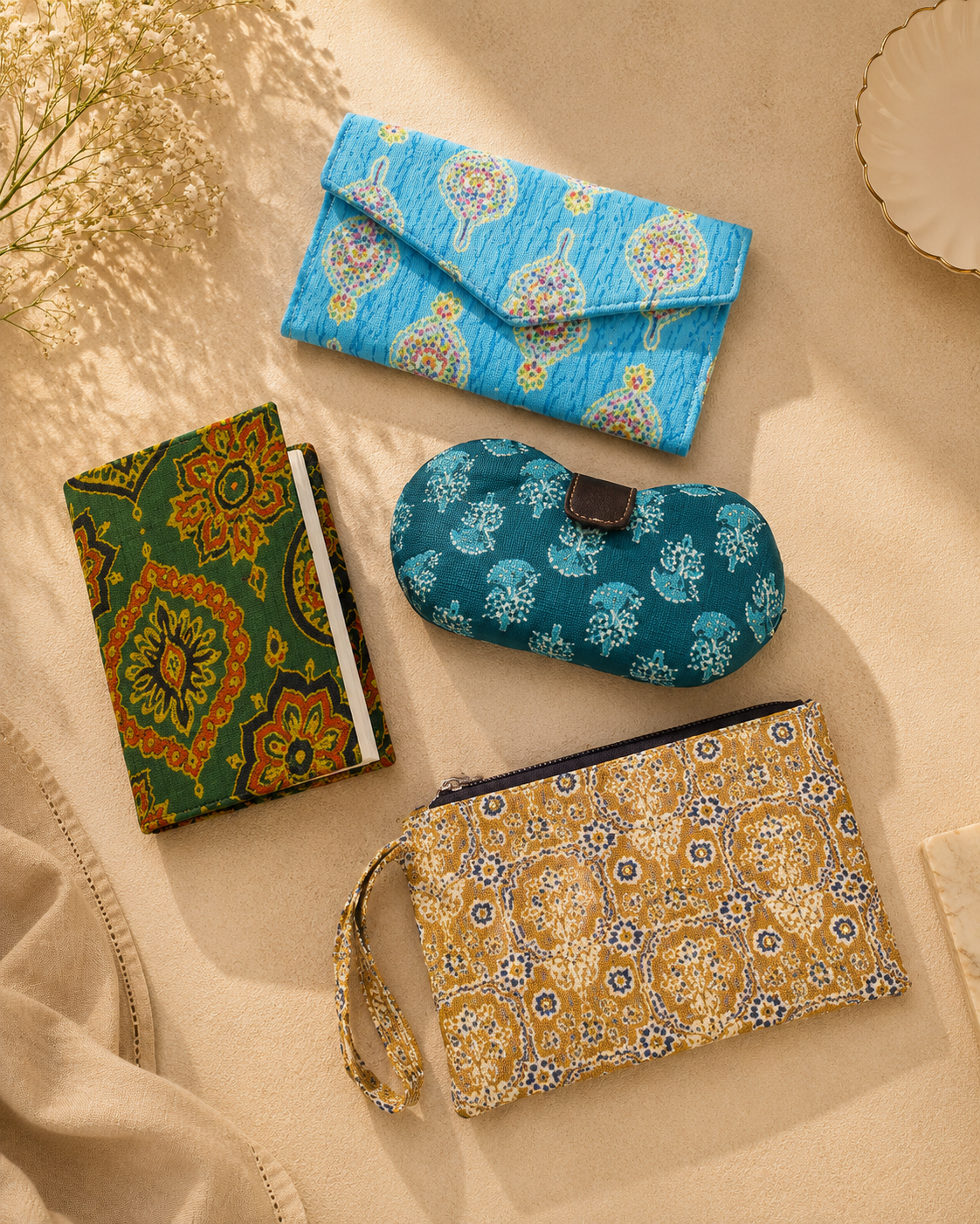Set of Kalamkari Diary, Block print Clutch, Motif Sunglass Case & Mustard Floral Pouch