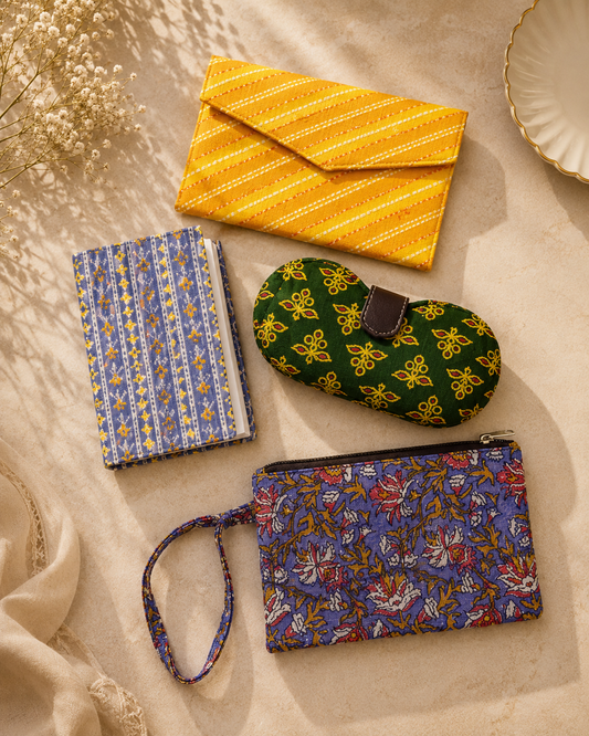 Set of Floral Diary, Motif Sunglass Case, Yellow Clutch & Kalamkari Pouch
