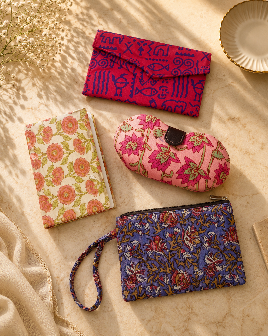 Set of Floral Diary, Warli Pouch, Sunglass Case & Kalamkari Clutch