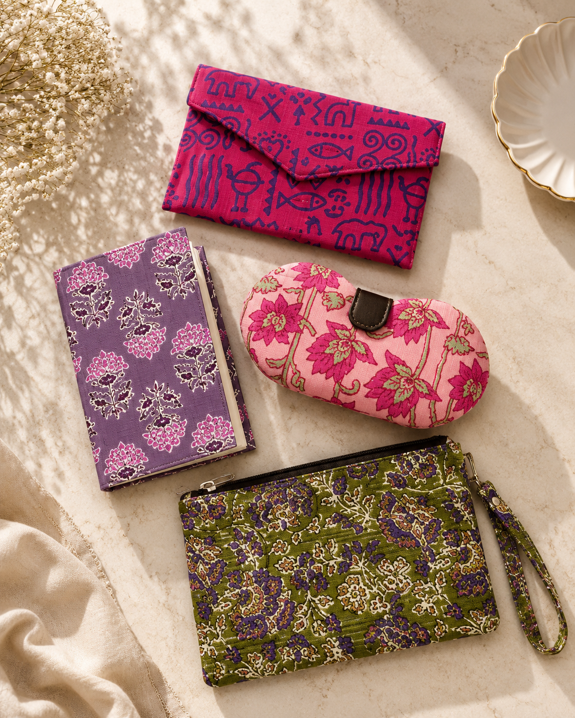 Set of Floral Diary, Warli Clutch, Floral Sunglass Case & Kalamkari Pouch