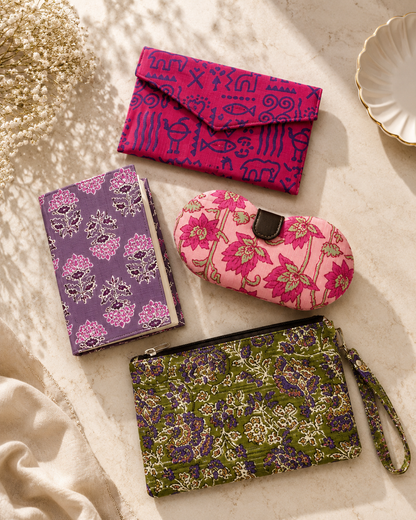 Set of Floral Diary, Warli Clutch, Floral Sunglass Case & Kalamkari Pouch