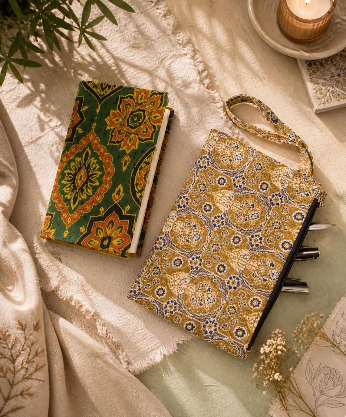 Kalamkari Diary & Mustard Floral Pouch Desk Calm Set