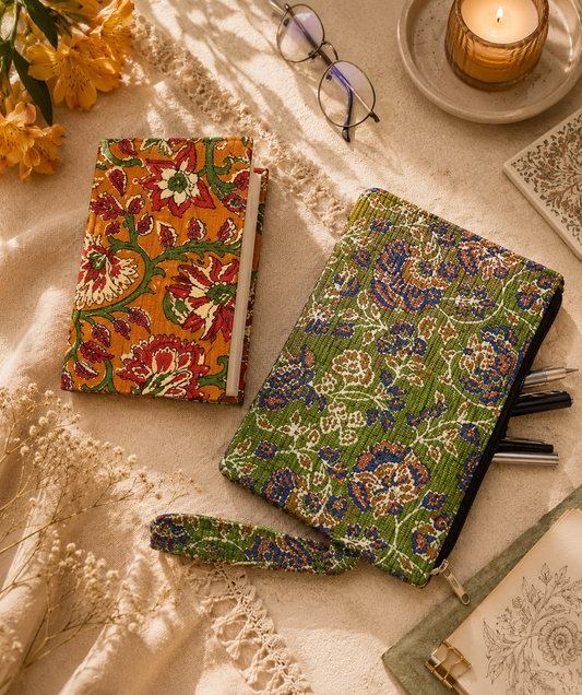 Kalamkari Diary & Floral Print Pouch Desk Calm Set