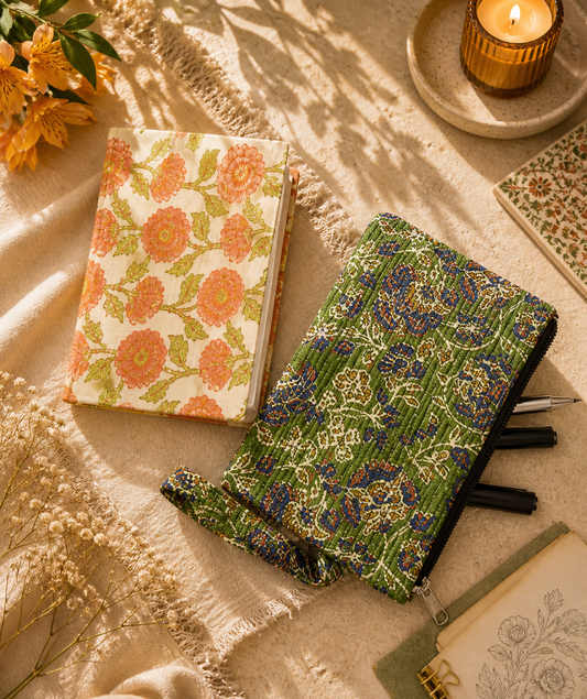 Floral Diary & Kalamkari Pouch Desk Calm Set