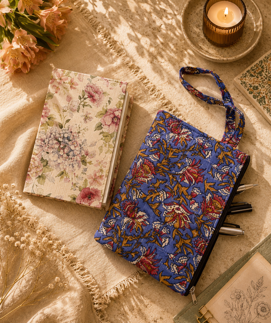 Floral Diary & Blue Kalamkari Pouch Desk Calm Set