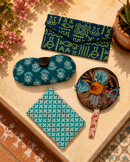 Set of Green Printed Diary, Blue Warli Print Clutch, Teal Floral Eyewear Case & Patchwork Coin Pouch - Work & Wonder