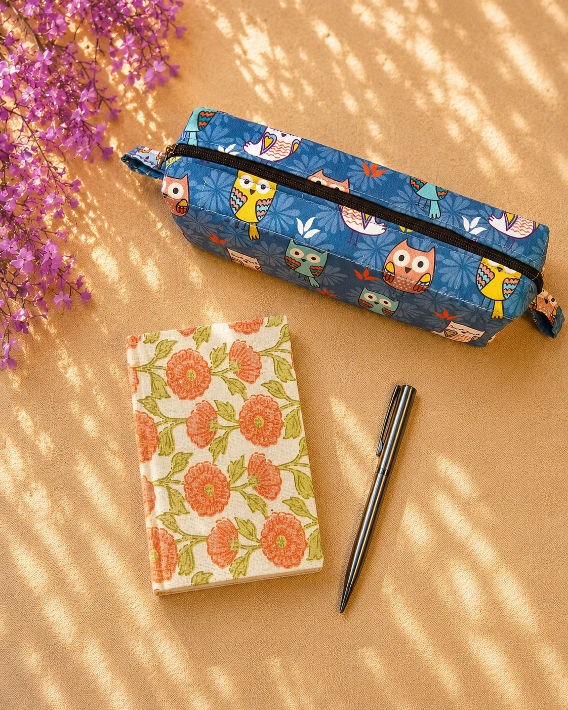 Floral Print Diary & Owl Pencil Pouch Desk Calm Set