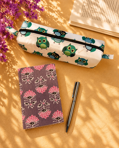 Mauve Floral Diary & Owl Pencil Pouch Desk Calm Set