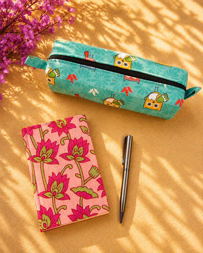 Lotus Print Diary & Teal Owl Pencil Pouch Desk Calm Set
