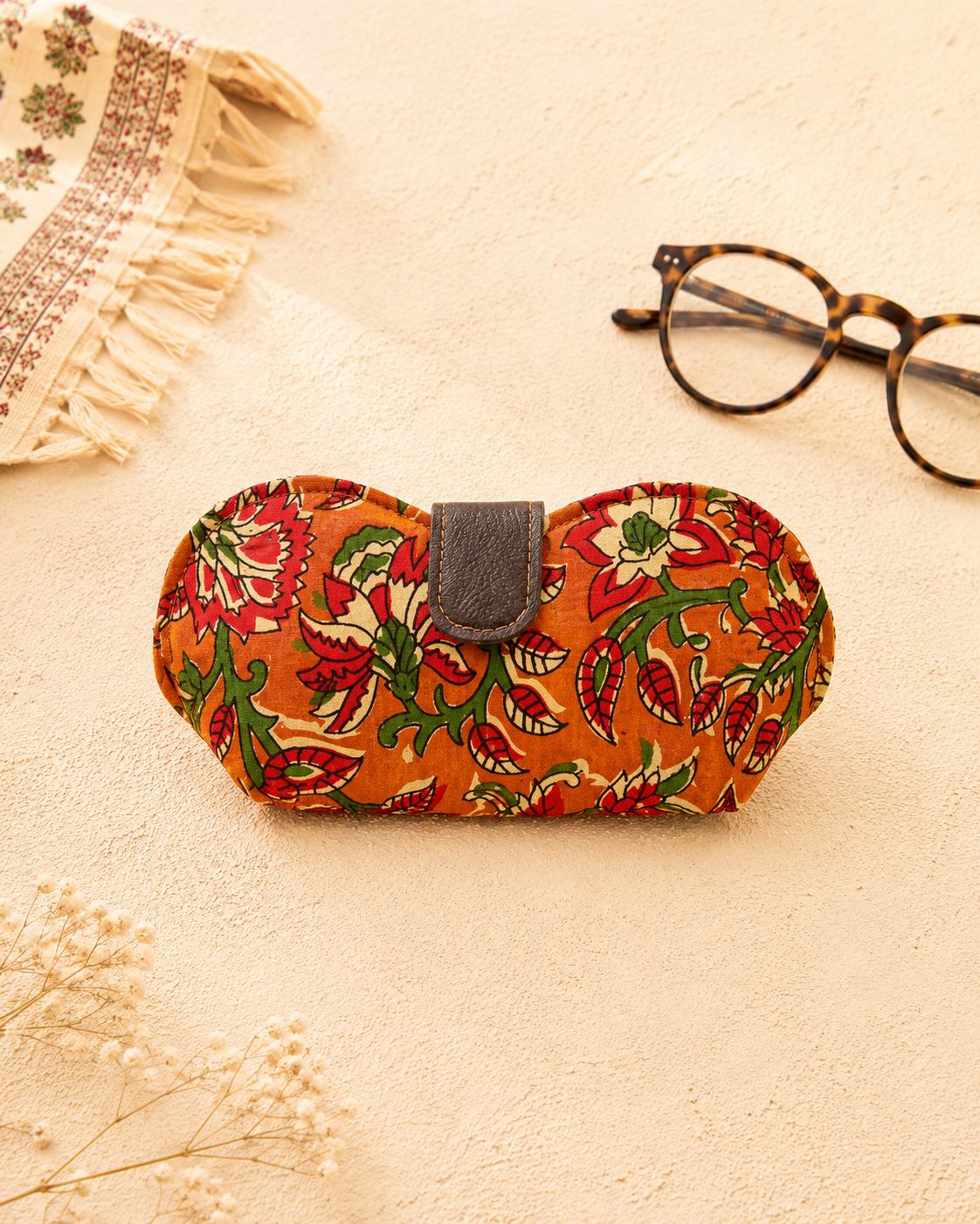 Kalamkari Print Orange Handmade Sunglass Case