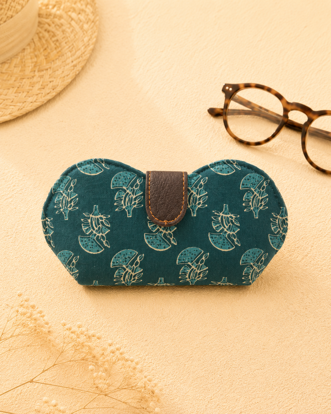 Green Hand Block Print Handmade Sunglass Case