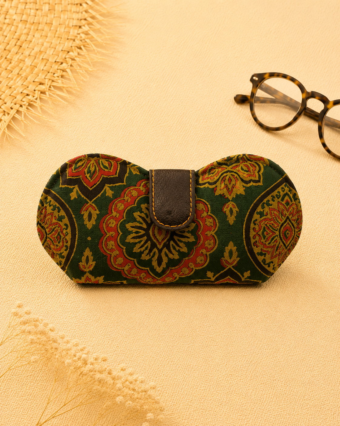 Kalamkari Print Olive Green Handmade Sunglass Case