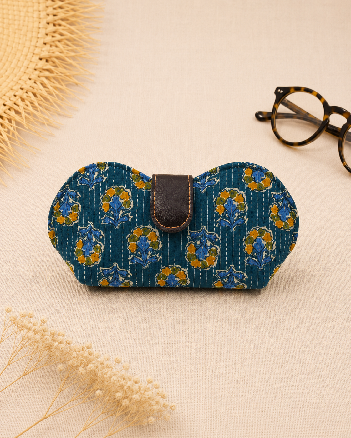 Hand Block Print Blue Handmade Sunglass Case with Kantha Stitching